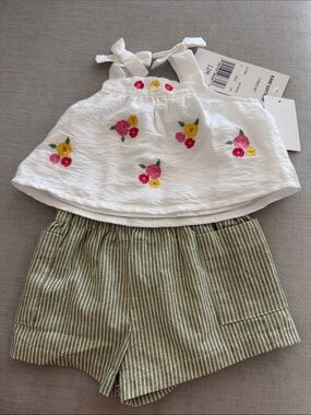 Rare Editions White Floral Embroidered Tank & Green Stripe Shorts Set